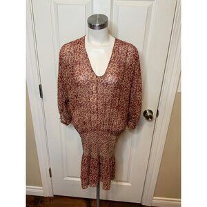 Ulla Johnson Maroon & Tan Floral Sheer Drop Waist Silk Dress, Size 0